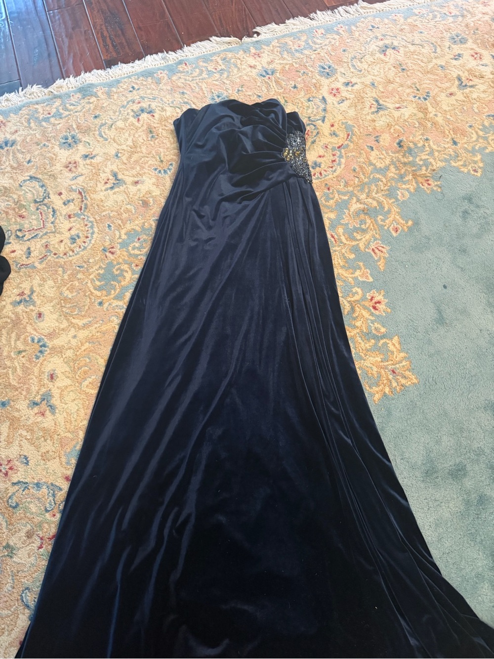 David Meister Navy Strapless Maxi Gown with Embellished Side